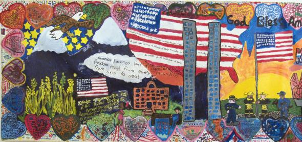 Mural created by the Lower School Art Students of Porter Gaud School in Charleston, South Carolina in Mrs. Laura Orvin's Art Class for the people of New York. Gift of Lawrence Knafo.