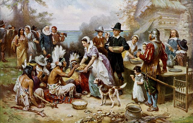 "The First Thanksgiving cph.3g04961" by Jean Leon Gerome Ferris - This image is available from the United States Library of Congress's Prints and Photographs division under the digital ID cph.3g04961.This tag does not indicate the copyright status of the attached work. A normal copyright tag is still required. See Commons:Licensing for more information.العربية | čeština | Deutsch | English | español | فارسی | suomi | français | magyar | italiano | македонски | മലയാളം | Nederlands | polski | português | русский | slovenčina | slovenščina | Türkçe | 中文 | 中文（简体）‎ | 中文（繁體）‎ | +/−. Licensed under Public domain via Wikimedia Commons - http://commons.wikimedia.org/wiki/File:The_First_Thanksgiving_cph.3g04961.jpg#mediaviewer/File:The_First_Thanksgiving_cph.3g04961.jpg